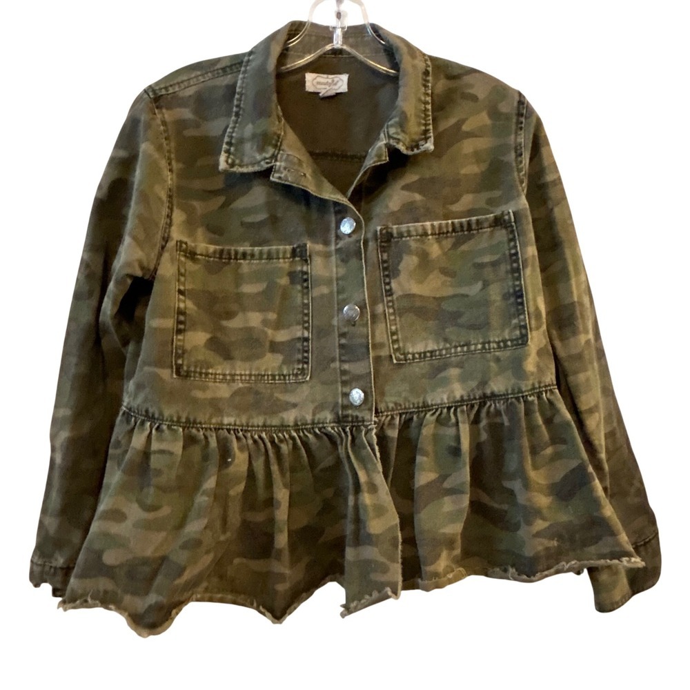 Mud Pie Camo Peplum Denim Jacket Shirt Button Front Women's Size Small
